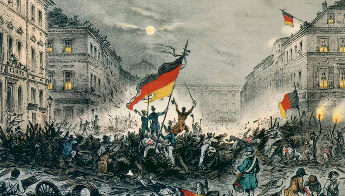 Historisches Bild zur Märzrevolution 1848; jubelnde Revolutionäre in Berlin.