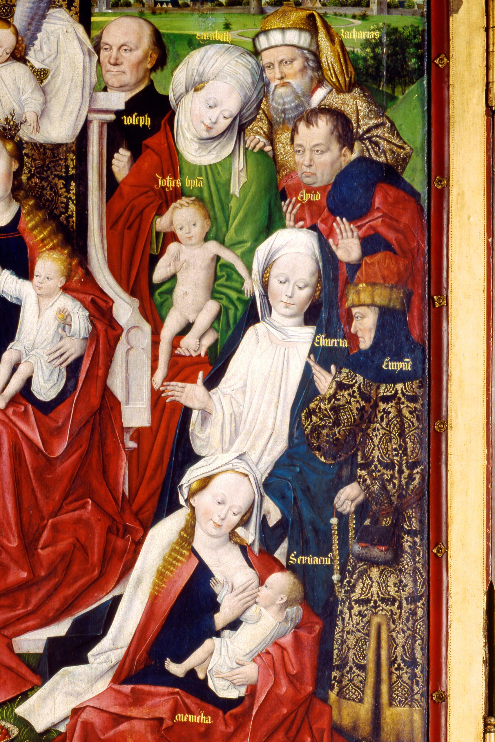 Elisabet (in Grün-Rot) und Johannes der Täufer (auf ihrem Schoß) auf der rechten Seite des Bildes