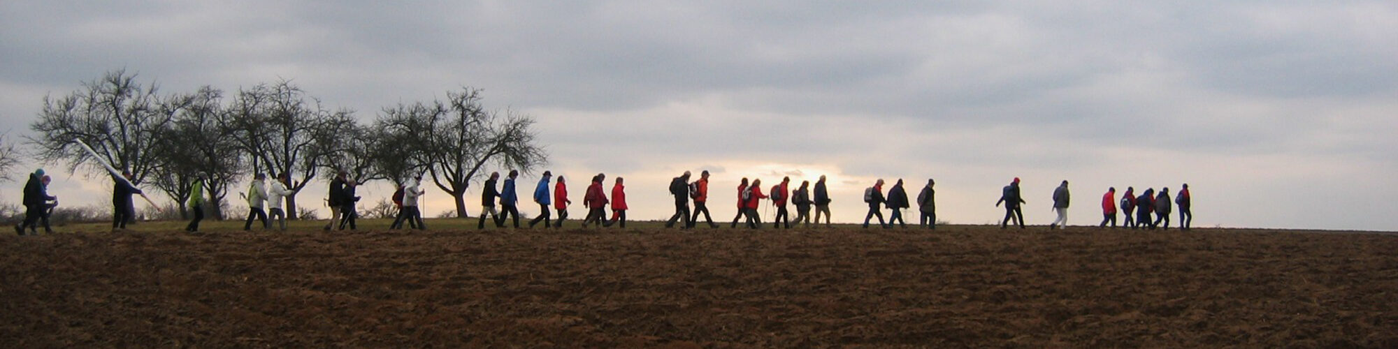 Menschen auf Wallfahrt in grauer Wetterlage vor Bäumen