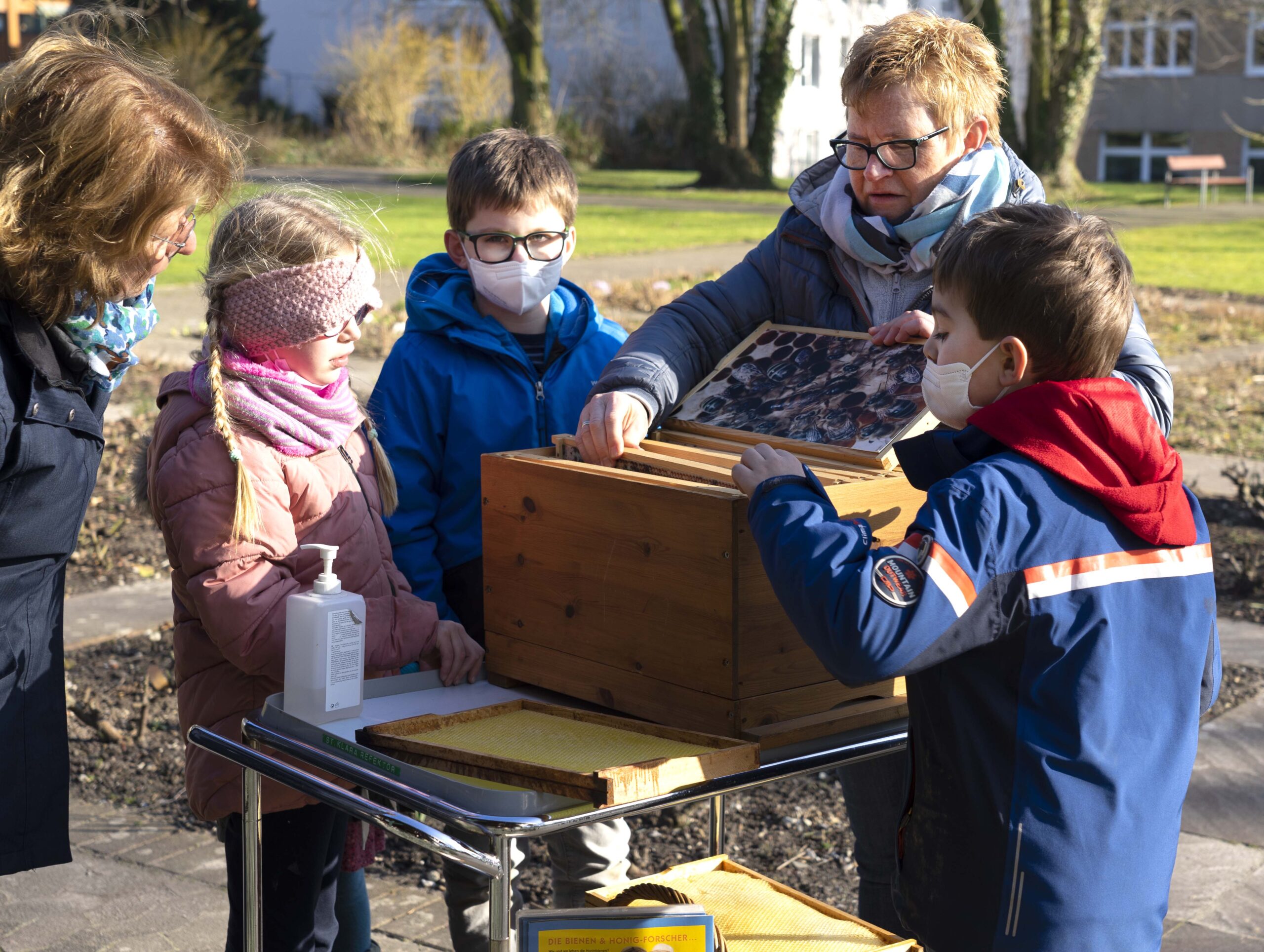 Kinder beobachten Imkerin bei ihren Erklärungen