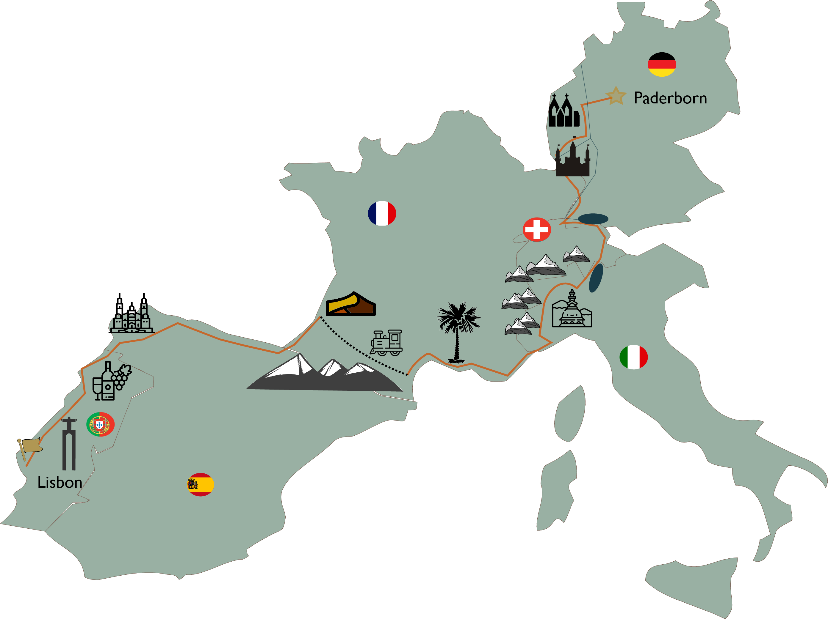 Benedikts Route mit dem Fahrrad von Paderborn nach Lissabon.