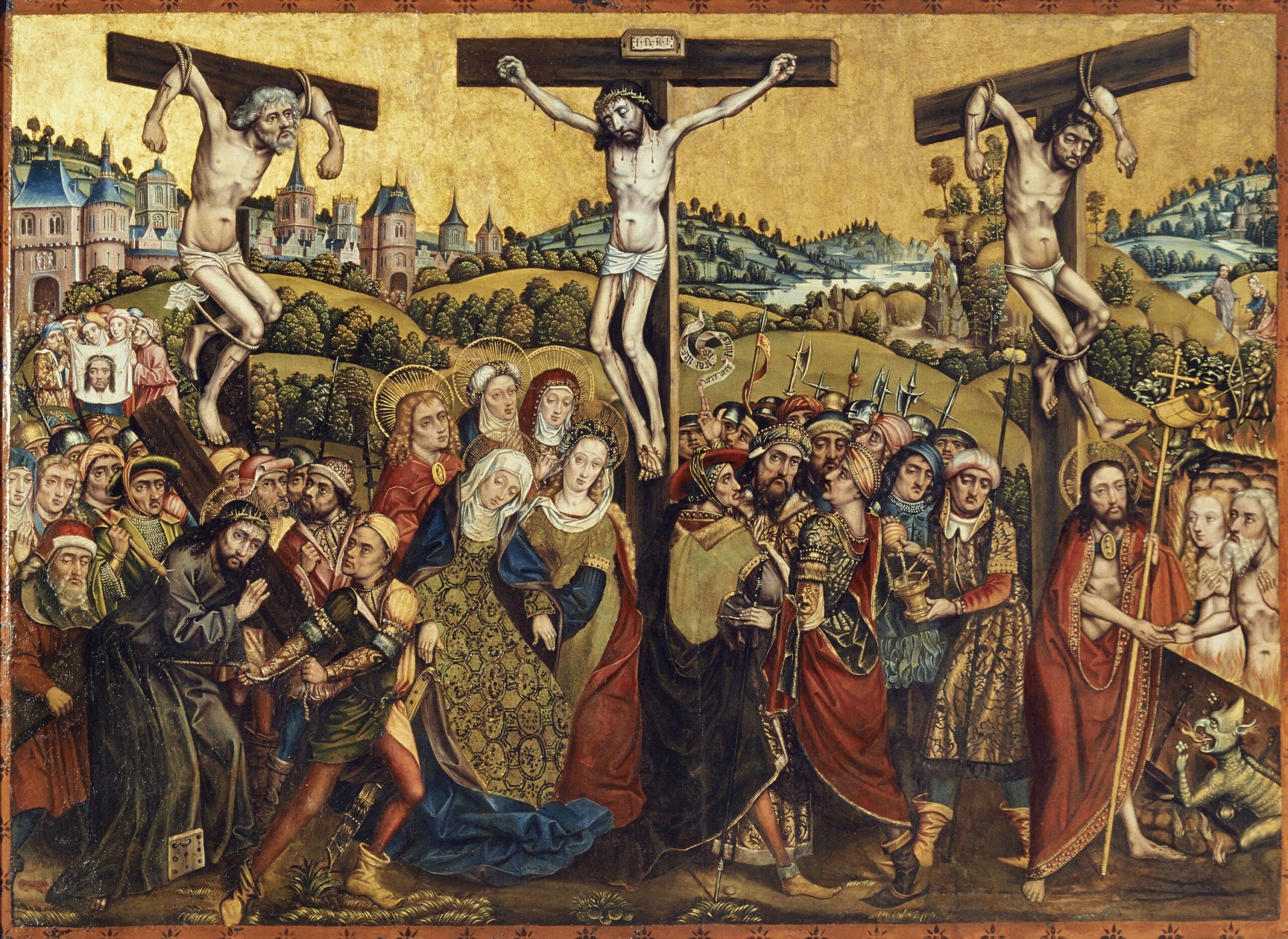 Gemälde mit Jesus am Kreuz im Mittelpunkt