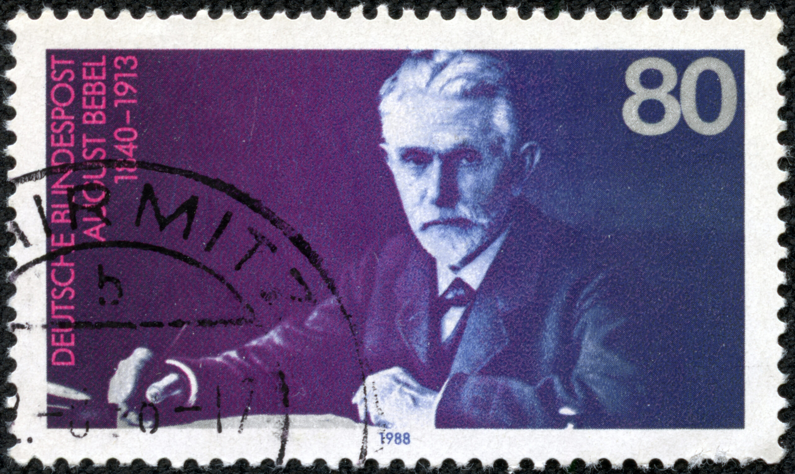 Der Sozialdemokrat August Bebel, dargestellt auf einer Briefmarke