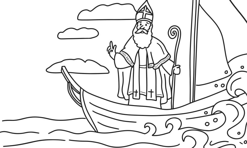 Nikolaus gilt als Heiliger für alle Seefahrer. Dieses Ausmalbild zeigt ihn auf hoher See auf einem Schiff.
