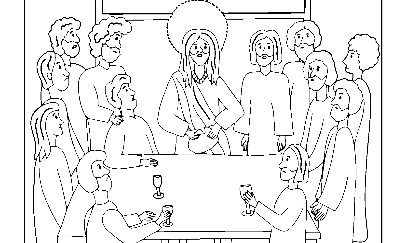 Jesus feiert das letzte Abendmahl an Gründonnerstag mit seinen Jüngern. Ein Ausmalbild zu Ostern für Kinder