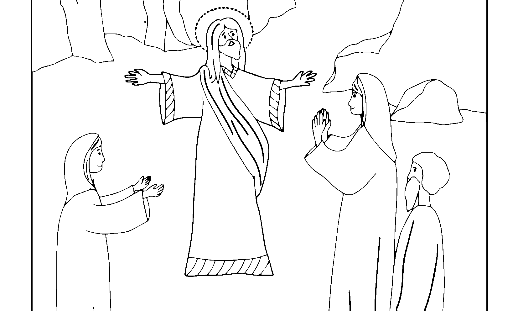 Halleluja, er lebt: Jesus ist auferstanden und zeigt sich den Menschen. Ausmalbild zu Ostern für Kinder