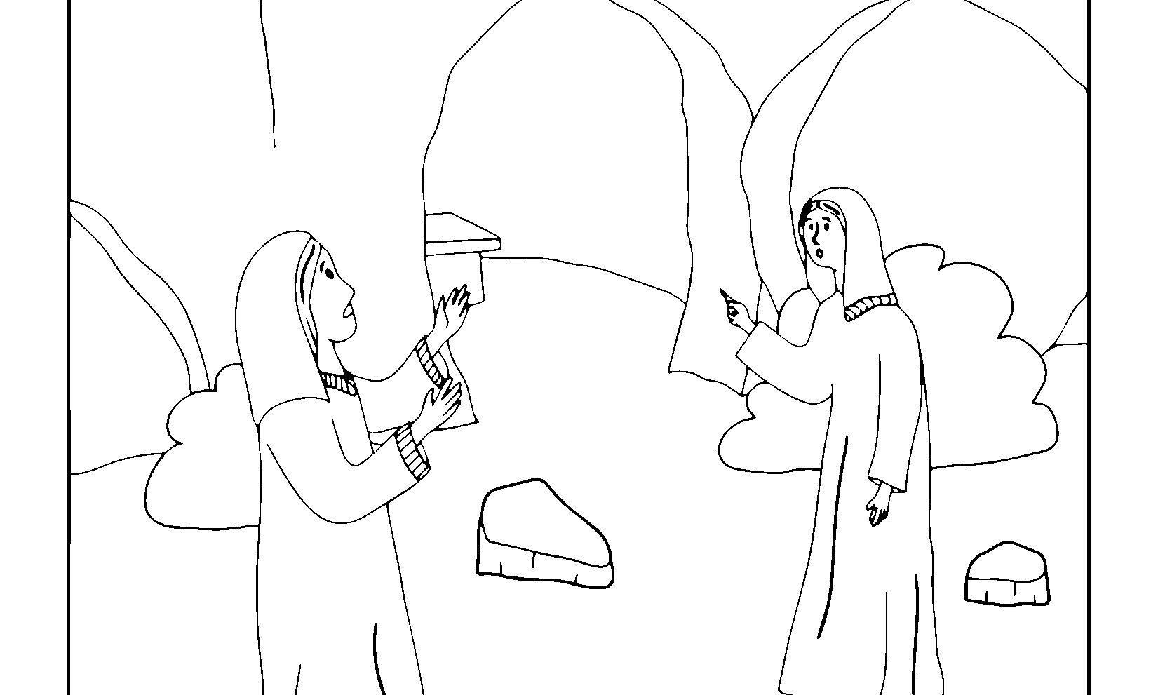 Ein leeres Grab nach Jesus' Kreuzigung. Ausmalbild zu Ostern