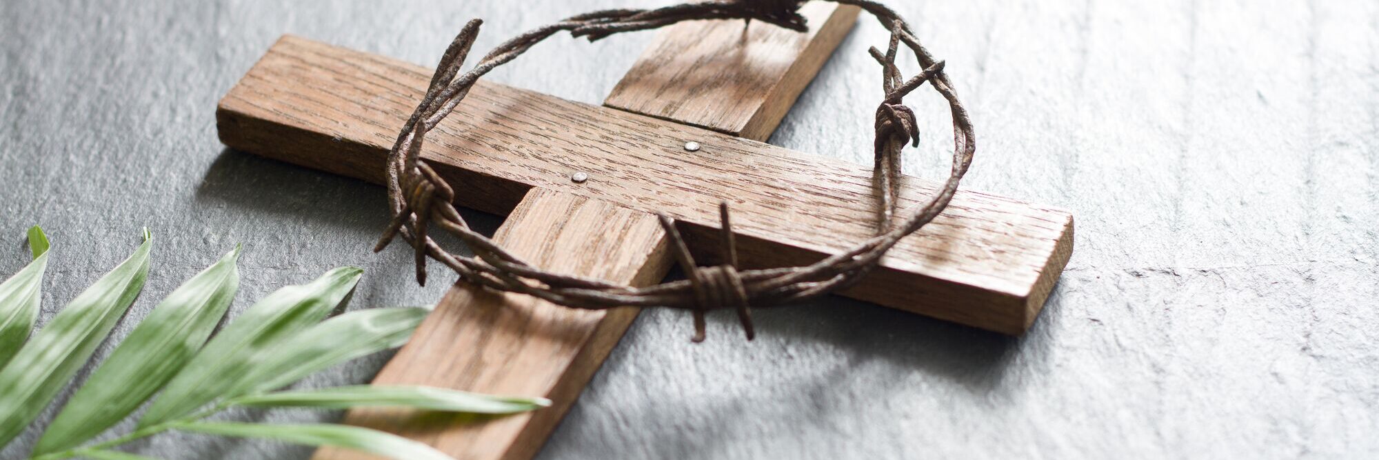 Fastenzeit und Karwoche: Dornenkrone und Palmzweig liegen auf einem Kreuz