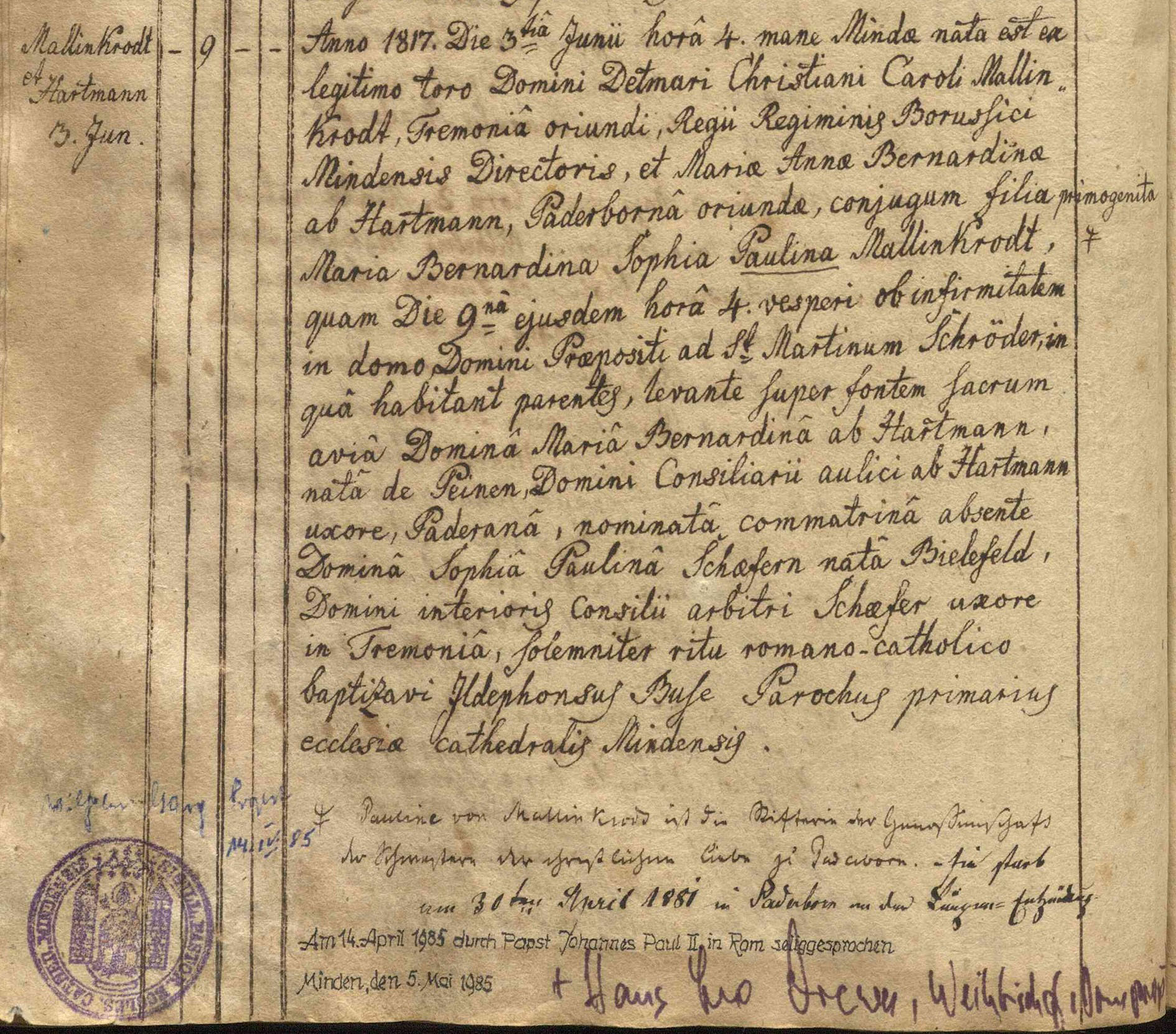 Taufeintrag von Pauline von Mallinckrodt