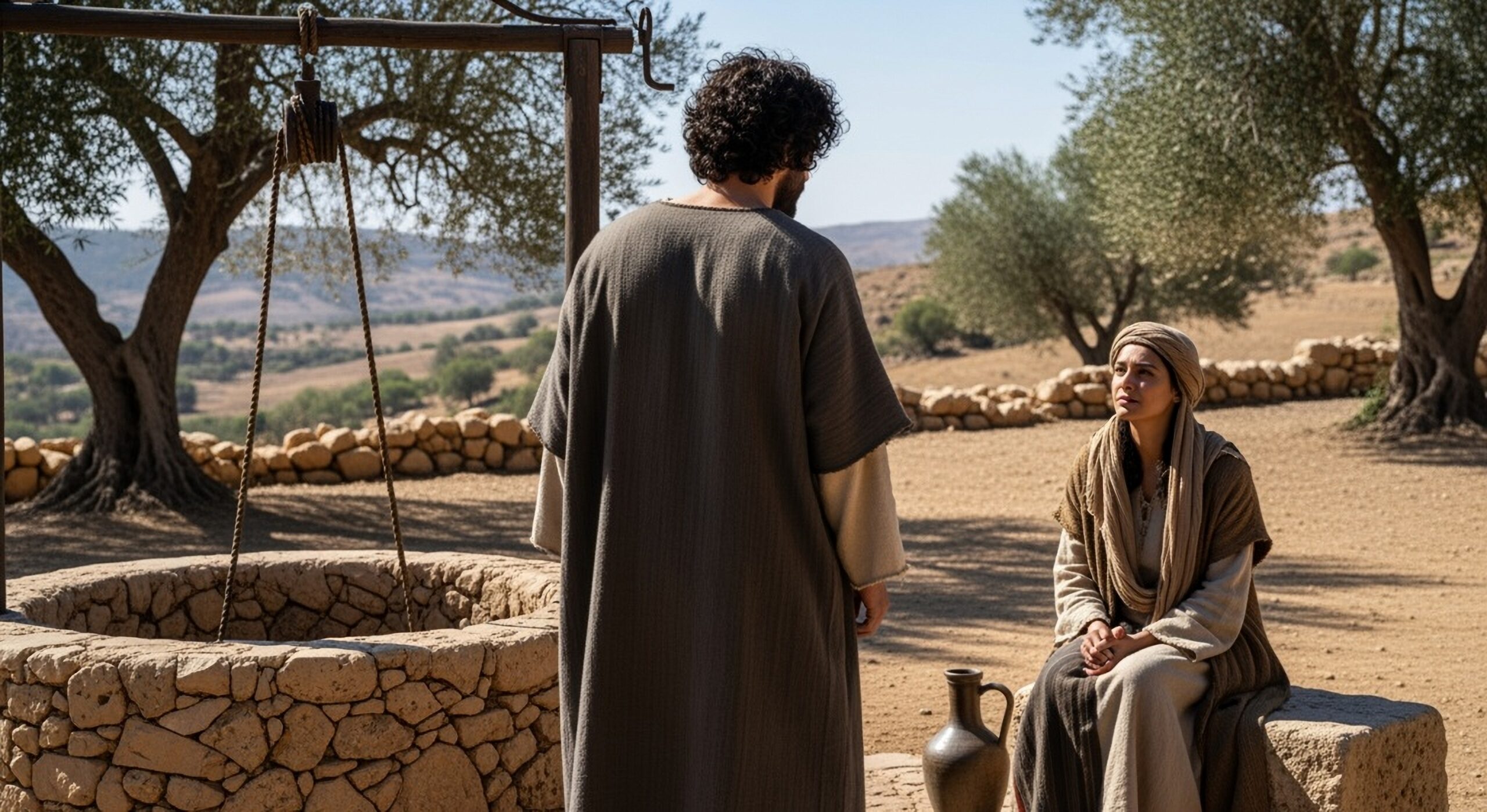 Eine fotorealistische Darstellung der biblischen Begegnung zwischen Jesus und der Samariterin am Jakobsbrunnen..