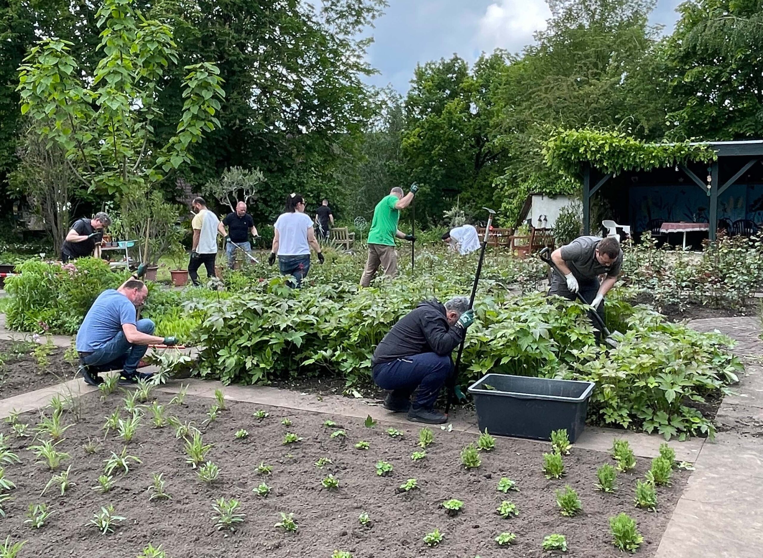 Beim „Day of Caring“ der Firma Gilbarco engagierten sich rund 45 Mitarbeitende im Mutterhausgarten der Franziskanerinnen Salzkotten. Gemeinsam wurden Beete gepflegt, Stauden gepflanzt und Gartenanlagen verschönert.