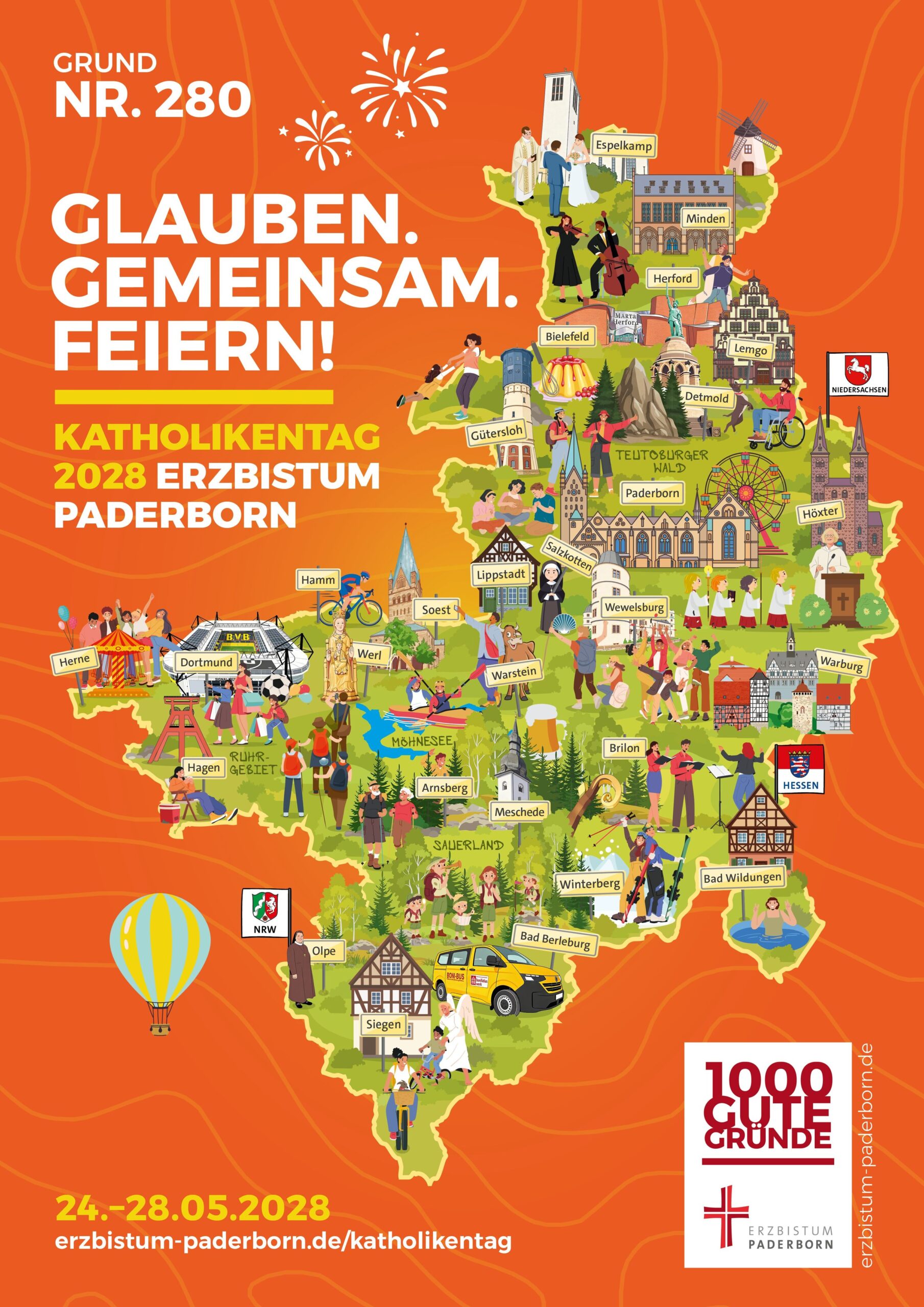 Eine Karte des Erzbistums Paderborn auf dem die verschiedenen Orte mit ihren Wahrzeichen in comichaftem Stil abgebildet sind