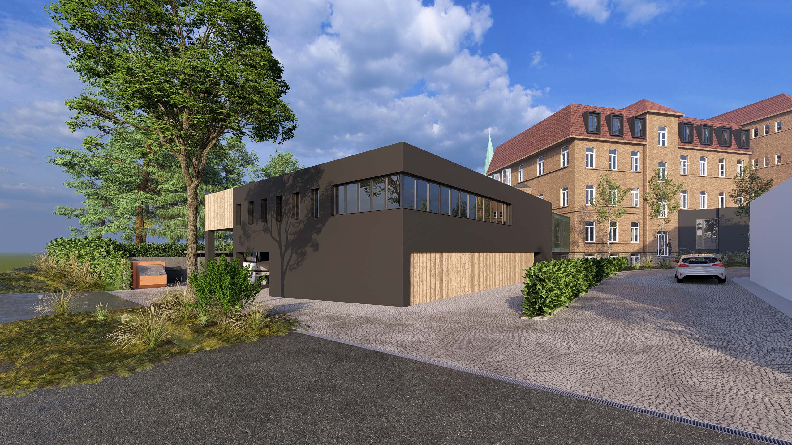 : In einem schwarz und sandfarben Flachbau wird die neue Zentralküche der Franziskanerinnen mit einer Kapazität für 500 Essen eingerichtet.