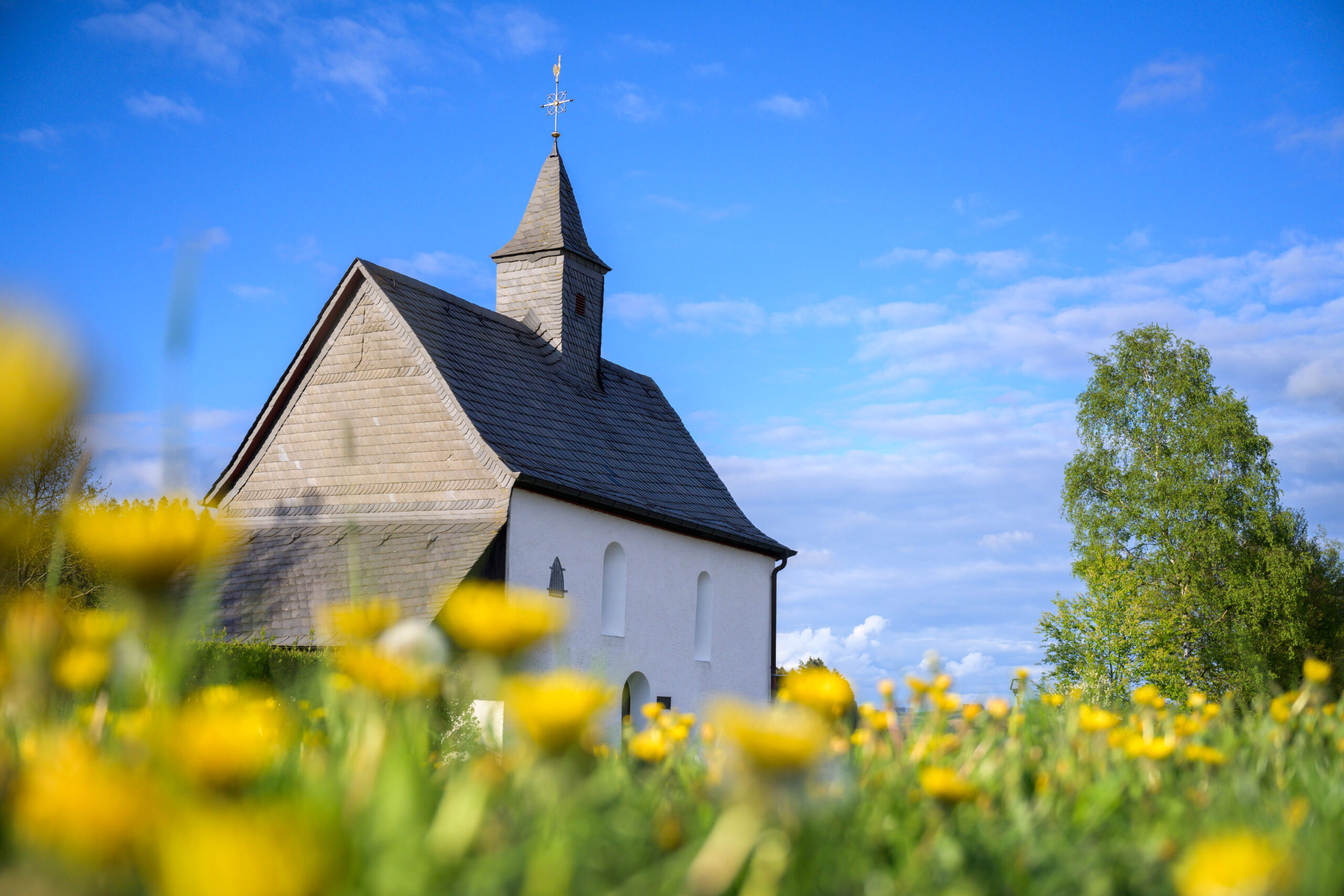 Kleine Kapelle unter blauem Himmel, im Vordergrund gelbe Blumen.