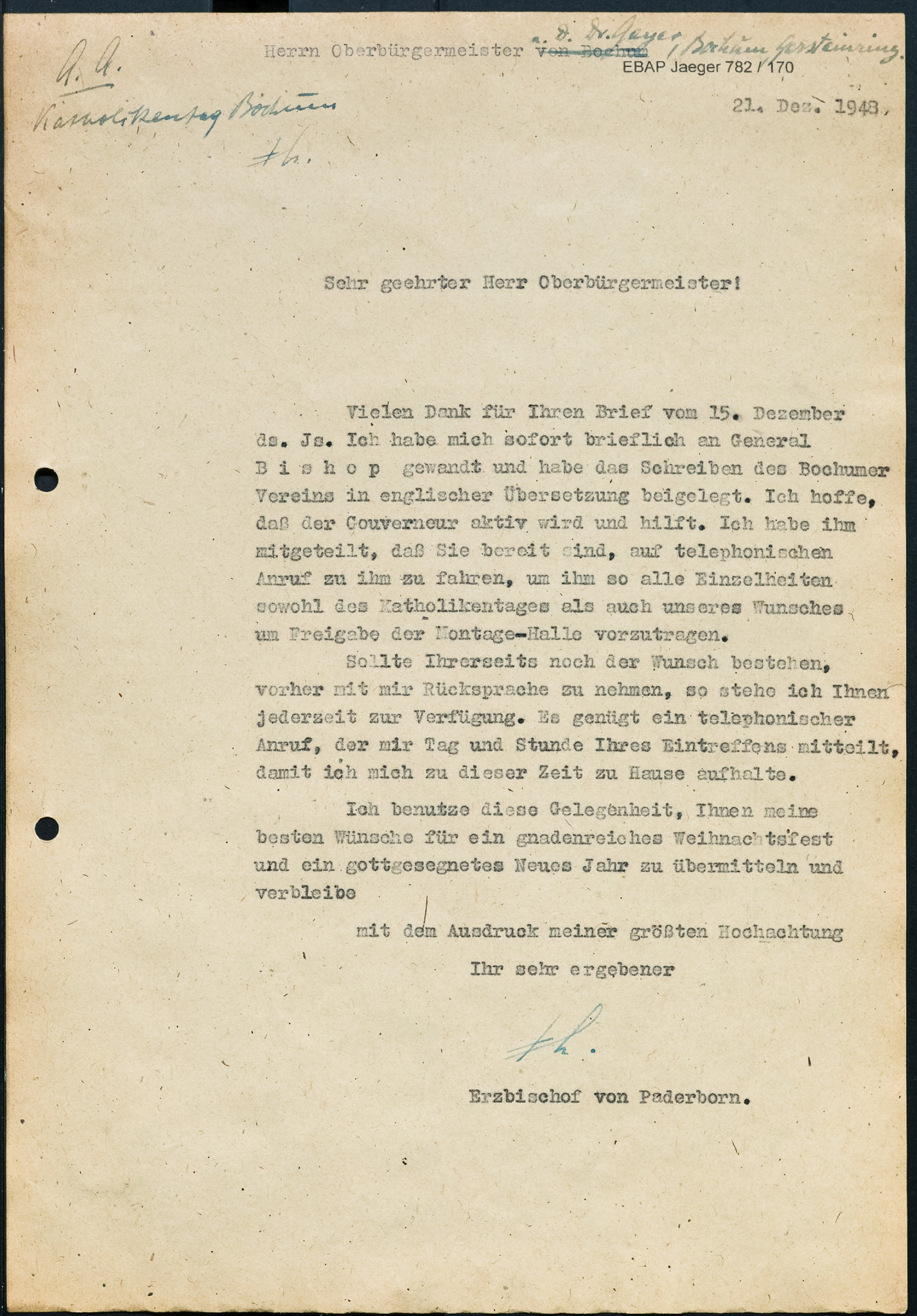 Das Foto zeigt das Antwortschreiben von Erzbischof Jaeger vom 21. Dezember 1948