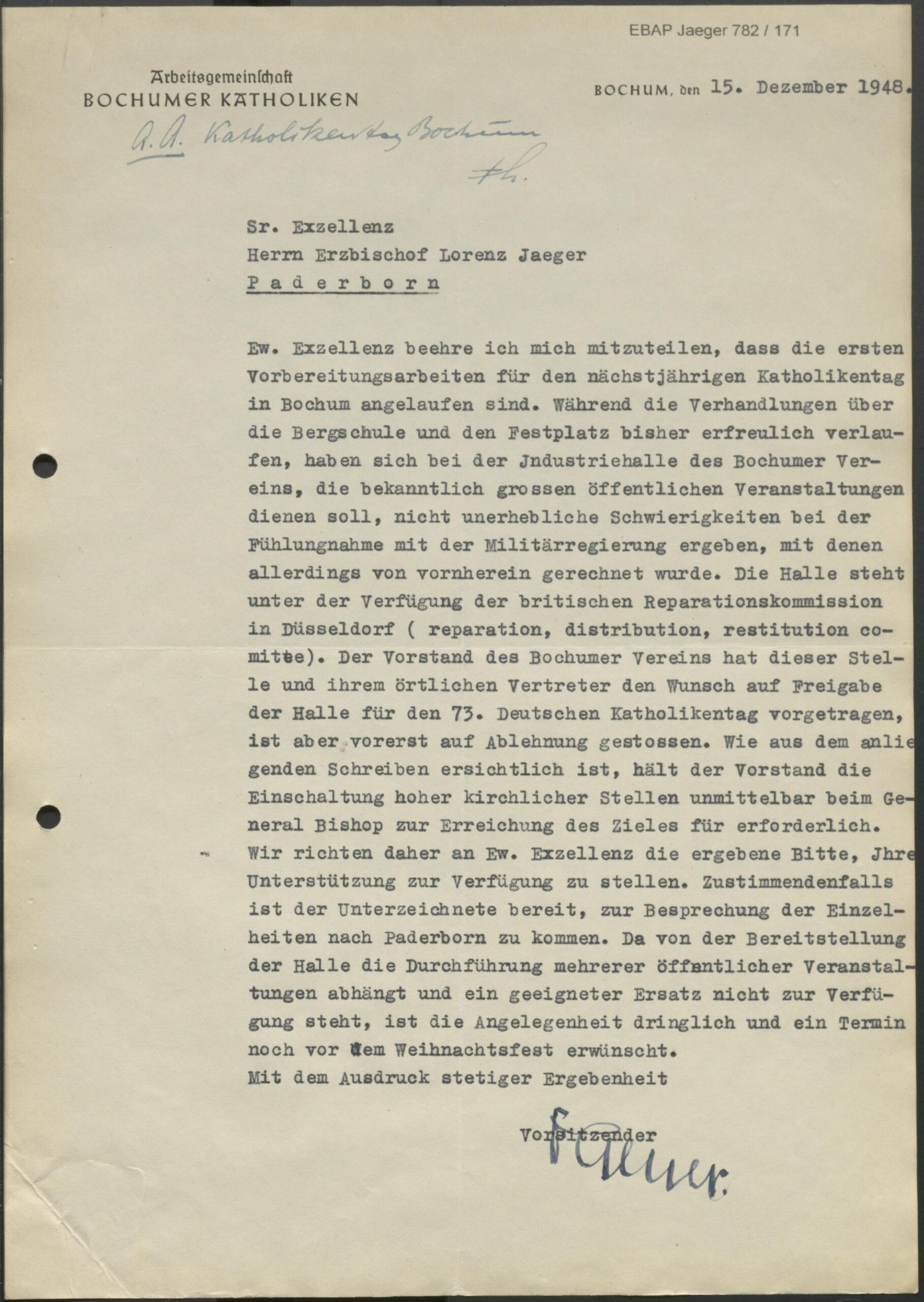 Das Foto zeigt den Brief des Bochumer Obermbürgermeisters